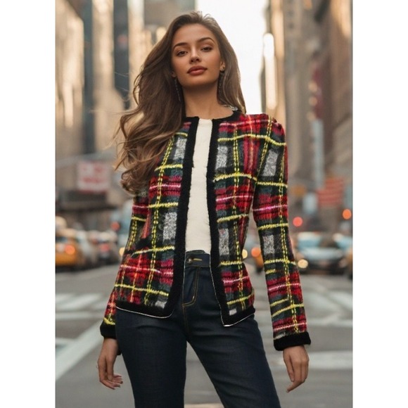 90s Wool Plaid Sweater Womens Size Medium Open Front Long Sleeve JH Collectibles - Picture 1 of 8